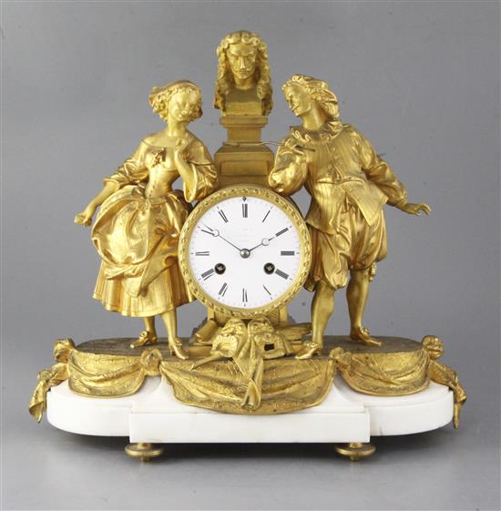 A third quarter of the 19th century French ormolu mounted marble mantel clock, 14.5in.